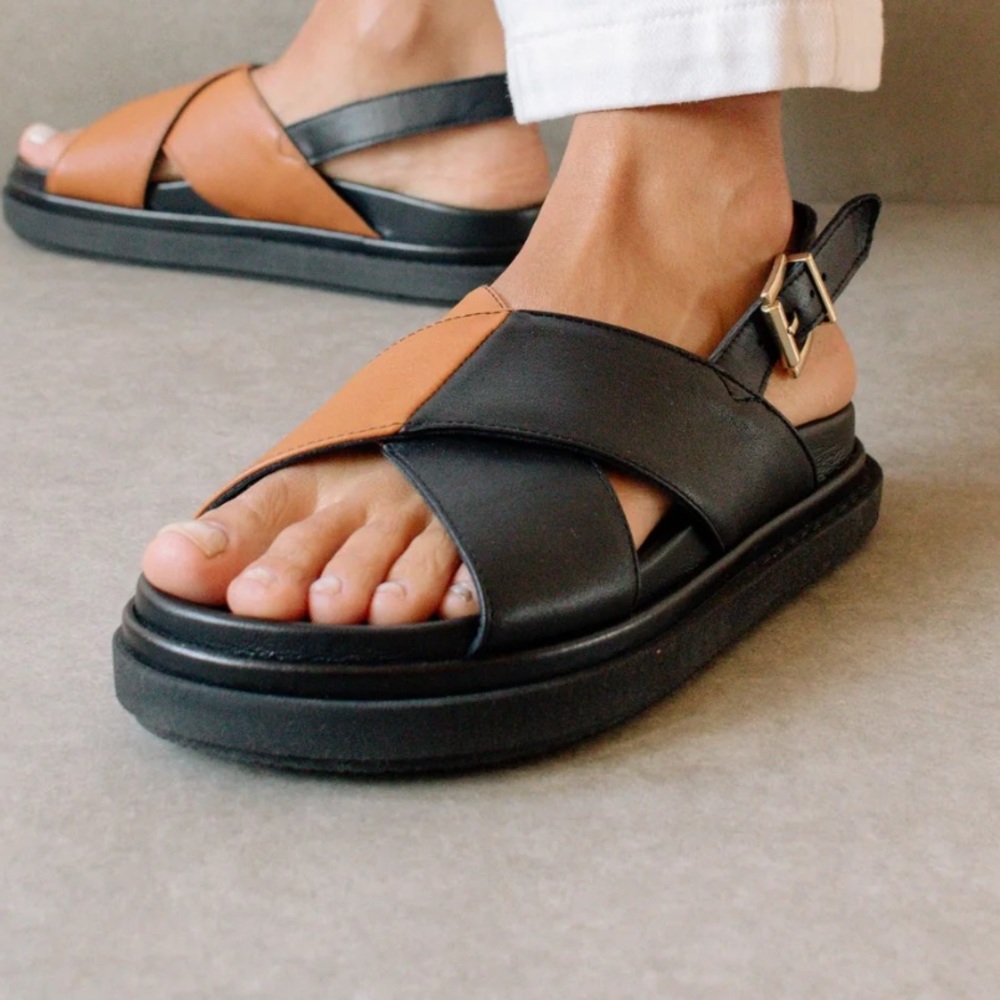 Alohas Marshmallow Black and Brown Cross Strap Sandals Size 6